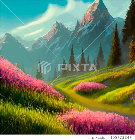 Beautiful field of tulips growing on the slope, mountains and sky illustration. Abstract field illustration. landscape spring vector background. Netherlands nature. Cover template. Poster Beautiful field of tulips growing on the slope, mountains and sky illustration. Abstract field illustration. landscape spring vector background. Netherlands nature. Cover template. Poster 105723847