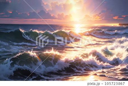 夕日に照らされる波 105723867