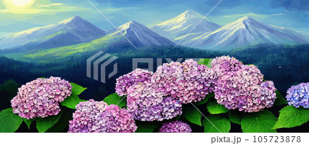 Mountain spring landscape, mountains with snowy peaks, lilac flower bushes, cartoon flat spring nature, green pasture meadow with forests, beautiful spring day mountains, vector illustration banner 105723878