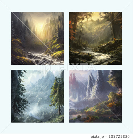 Forest foggy landscape flat Natural landscape with spruce trees and hill silhouettes horizon. Set illustrations cartoon landscapes. Design element poster, card, banner, flyer. Vector illustration  105723886