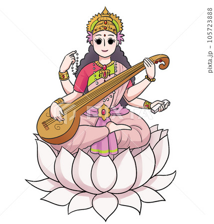 Illustration design of indian goddess saraswati with sitar