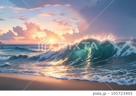 海に沈む夕日のイラスト素材 [105723905] - PIXTA