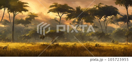 Wild savanna landscape. Savannah, African wild nature with acacia trees, grass, sand and water. Africa landscape panorama. Kenya National Park, panoramic view. Flat vector illustration 105723955