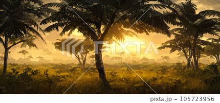 Wild savanna landscape. Savannah, African wild nature with acacia trees, grass, sand and water. Africa landscape panorama. Kenya National Park, panoramic view. Flat vector illustration 105723956