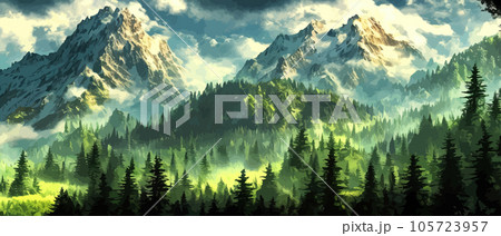 Foggy mountains landscape landscape vector illustration. Smoky rocky panorama with mountain mountains and silhouettes for pine forest. Evergreen forests and green meadows. Mountains in fog with forest Foggy mountains landscape landscape vector illustration. Smoky rocky panorama with mountain mountains and silhouettes for pine forest. Evergreen forests and green meadows. Mountains in fog with forest 105723957
