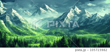 Foggy mountains landscape landscape vector illustration. Smoky rocky panorama with mountain mountains and silhouettes for pine forest. Evergreen forests and green meadows. Mountains in fog with forest 105723982
