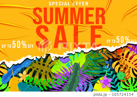 Summer Sale Template banner. Yellow sticker with wrinckles Summer Sale Template banner. Yellow sticker with wrinckles 105724154