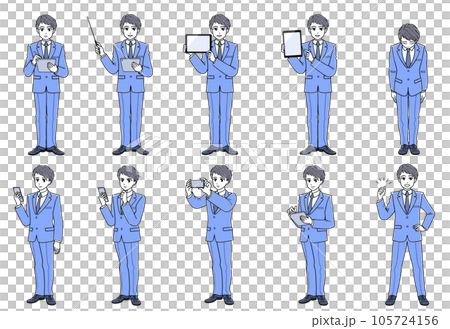 一組穿著西裝、使用平板終端等的年輕人(全身、簡單) 一組穿著西裝、使用平板終端等的年輕人(全身、簡單) 105724156