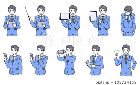 タブレット端末等を使うスーツの若い男性セット(上半身・シンプル) タブレット端末等を使うスーツの若い男性セット(上半身・シンプル) 105724158