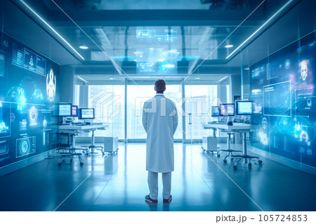 Futuristic virtual interface room. Scientist or doctor analyzing medical exam in modern laboratory. Medical with futuristic technology concept. Generative AI. Futuristic virtual interface room. Scientist or doctor analyzing medical exam in modern laboratory. Medical with futuristic technology concept. Generative AI. 105724853