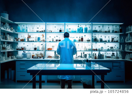 Scientist or doctor analyzing medical exam and working in modern laboratory. Medical with futuristic technology concept. Generative AI. 105724856