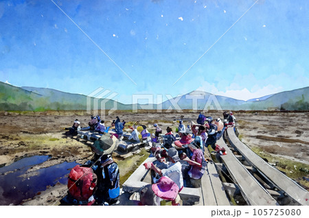 尾瀬ヶ原の木道　休憩所で休憩する人々のイラスト　Generative AI 105725080