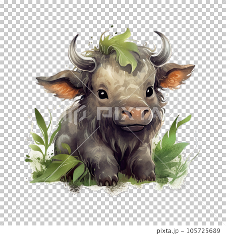African Baby Buffalo Watercolor Clipart Illustration, Cute Safari Jungle Kids Animal Clipart, PNG, AI generated art, transparent 105725689