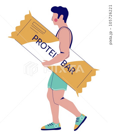 Young sportsman with perfect body walking with protein bar Young sportsman with perfect body walking with protein bar 105726221