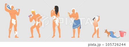 Set of different people character and pet taking shower Set of different people character and pet taking shower 105726244
