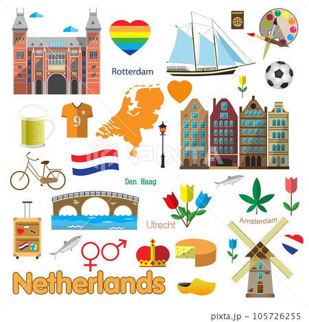 Netherlands symbolics and holland travel icons isolated set Netherlands symbolics and holland travel icons isolated set 105726255