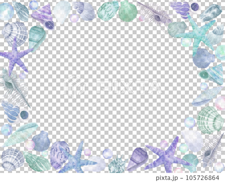 水彩畫的貝殼和海星背景框架 105726864
