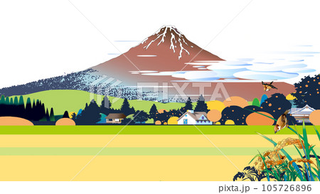 浮世絵の赤富士の背景の田舎の秋の風景 105726896