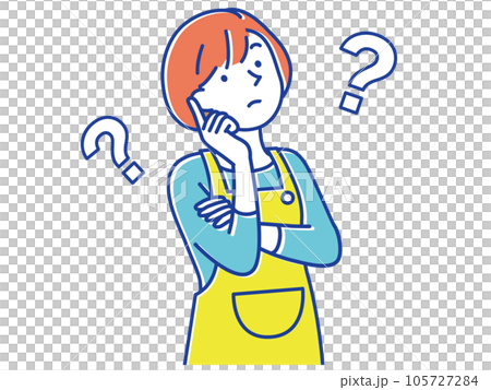 A young woman in an apron who feels doubts and a question mark A young woman in an apron who feels doubts and a question mark 105727284