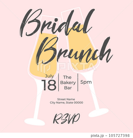 Invitational bridal brunch with glasses of champagne. Bachelorette party invitation template. Vector illustration. Bubble brunch. 105727398