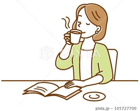 カフェでゆったりとコーヒーを楽しむ若い女性 カフェでゆったりとコーヒーを楽しむ若い女性 105727700