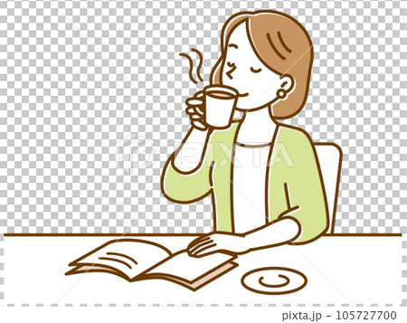 カフェでゆったりとコーヒーを楽しむ若い女性 カフェでゆったりとコーヒーを楽しむ若い女性 105727700