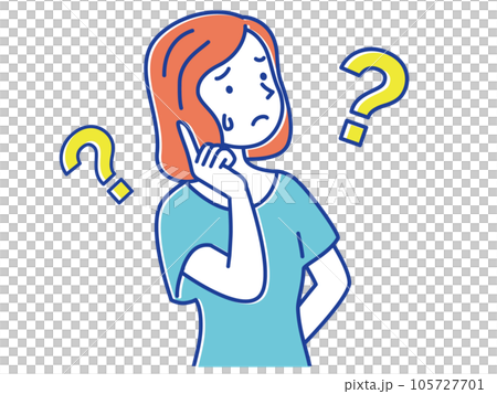 疑問を感じる私服の若い女性とクエスチョンマーク 疑問を感じる私服の若い女性とクエスチョンマーク 105727701
