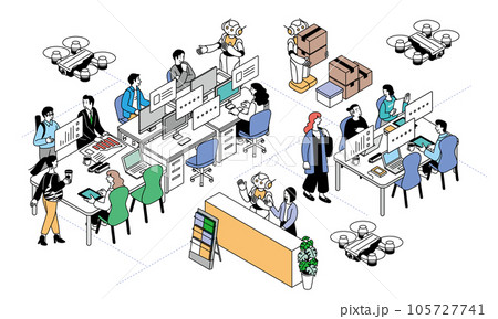 アイソメトリック構図　AIロボットとオフィスで働く人々のイラスト 105727741
