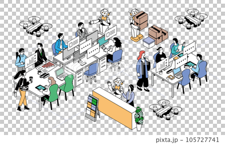 AI機器人和在辦公室工作的人的等距構圖插圖 105727741