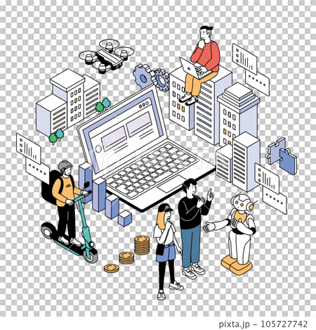 AI 機器人和人的等距構圖插圖 105727742