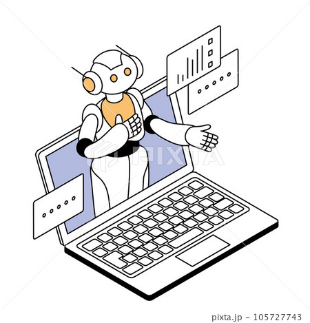 アイソメトリック構図　AIロボットとノートパソコンのイラスト 105727743