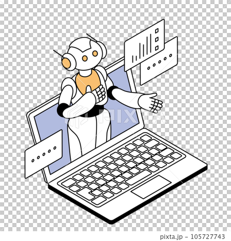 アイソメトリック構図　AIロボットとノートパソコンのイラスト 105727743