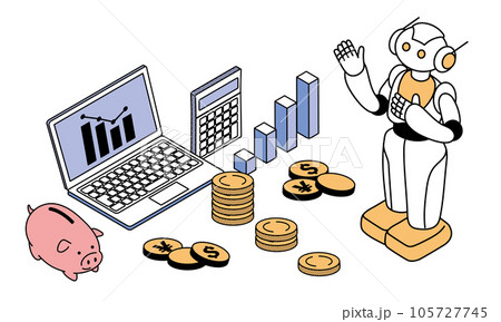 アイソメトリック構図　AIロボットと投資のイメージイラスト　ロボアドバイザー 105727745
