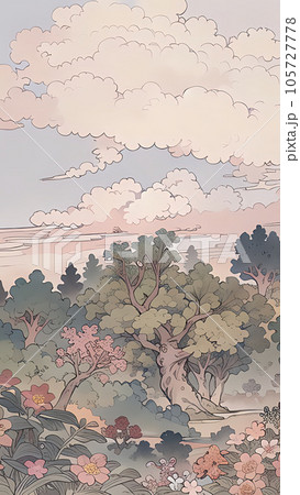 桜の花と山並みのシームレスな背景素材 105727778