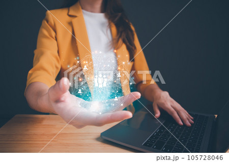 Businesswoman holding circle global network connection. Customer network technology. Customer service, Social, Digital marketing online, Customer Relationship Management, Data exchanges development. 105728046