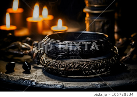 Black bracelet collection, gem rock stone and candle in the background, generative AI. Black bracelet collection, gem rock stone and candle in the background, generative AI. 105728334