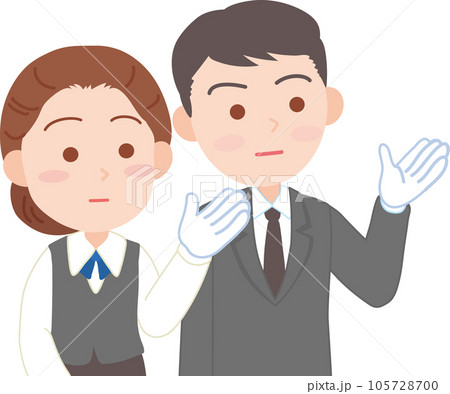 抑えた表情の白い手袋をはめた働く男女_右方向を手で指し示す_上半身 105728700