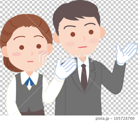 抑えた表情の白い手袋をはめた働く男女_右方向を手で指し示す_上半身 105728700