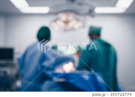Blurred image background of medical team performing surgical operation in operating room. An operating room may be designed and equipped to provide care to patients. 105728774