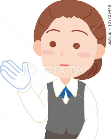 抑えた表情の白い手袋をはめた働く女性_左方向を手で指し示す_上半身 105729448