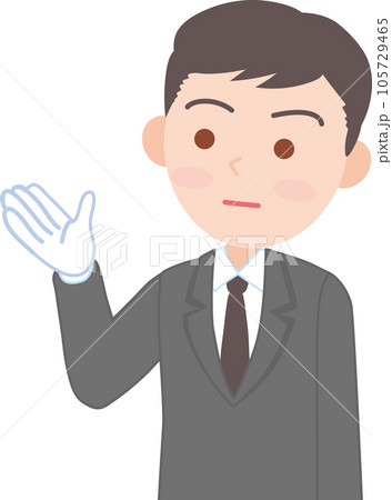 抑えた表情の白い手袋をはめた働く男性_左方向を手で指し示す_上半身 105729465