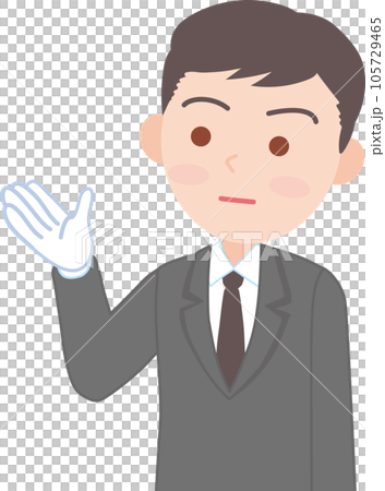 抑えた表情の白い手袋をはめた働く男性_左方向を手で指し示す_上半身 105729465