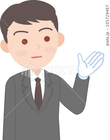 抑えた表情の白い手袋をはめた働く男性_右方向を手で指し示す_上半身 105729467