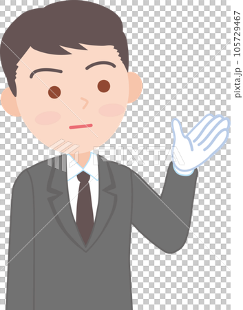 抑えた表情の白い手袋をはめた働く男性_右方向を手で指し示す_上半身 105729467