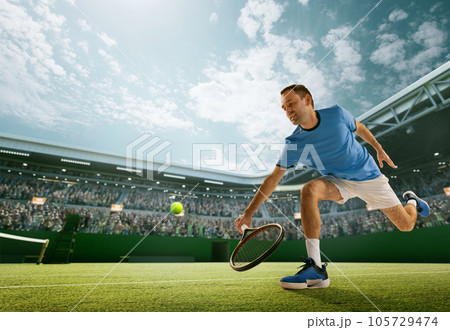 Concentrated mature man, tennis player in motion during game, servign ball with racket. 3d render court, open air arena 105729474