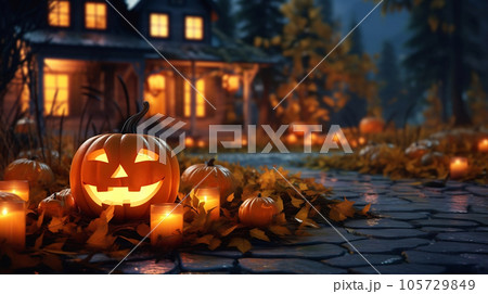 Haunted house decorated with spooky jack o'lantern carved pumkins and glowing candles, very creepy place for trick or treating on Halloween night, with copy space. Generative AI 105729849