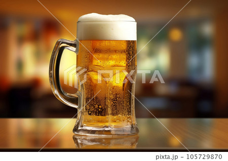 A mug of beer with foam on the table at the party, on blurred background, close up shot with copy space, Internationnal beer day concept. Generative AI A mug of beer with foam on the table at the party, on blurred background, close up shot with copy space, Internationnal beer day concept. Generative AI 105729870
