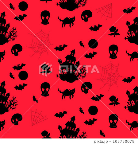 Halloween Seamless pattern with spooky house on red background with skulls, bats, black cat and cobwebs. Vector illustration for festive design, packaging, wallpaper, textile 105730079