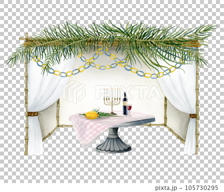 Sukkah with palm leaves, paper decorations and Jewish Sukkot symbols, menorah, wine, lulav on table watercolor illustration isolated on white background for Jewish holiday. Hand drawn succah hut 105730295