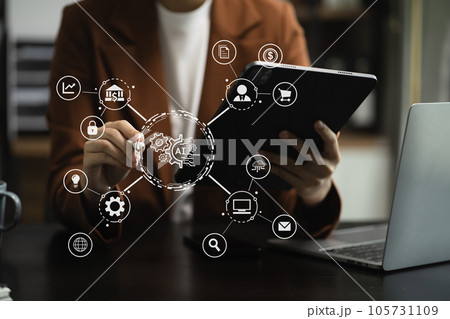 Digital transformation technology strategy, Person using laptop, tablet and smartphone with of things. transformation of ideas and the adoption. Digital transformation technology strategy, Person using laptop, tablet and smartphone with of things. transformation of ideas and the adoption. 105731109